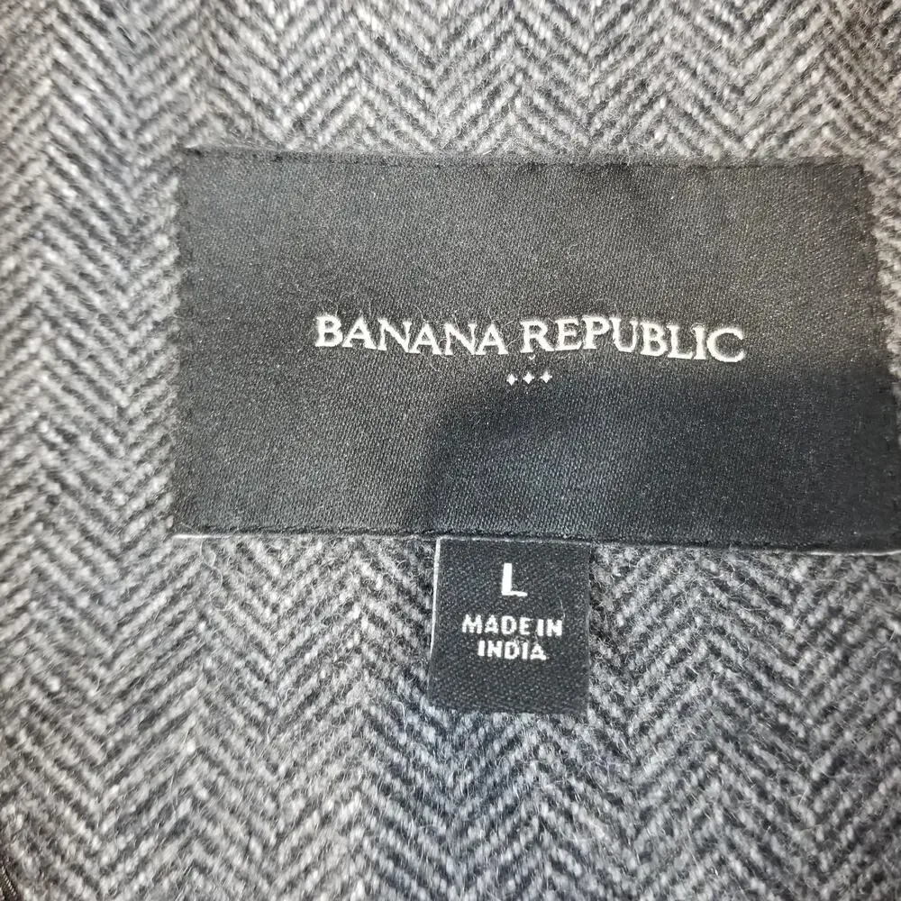 Banana Republic Coat Mens Large Gray Wool HB Topcoat Herringbone Tweed Lined